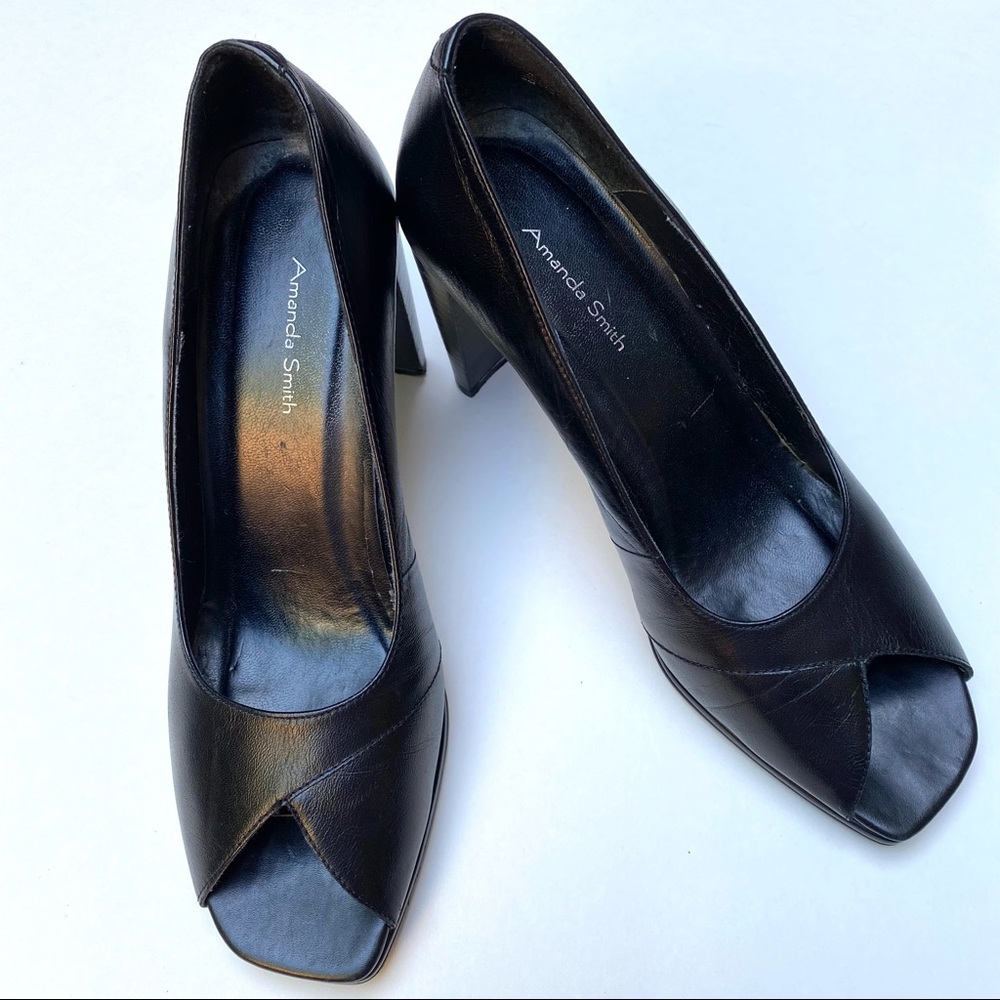 Amanda Smith Black Leather Peep Toe Block Heels Size 8M